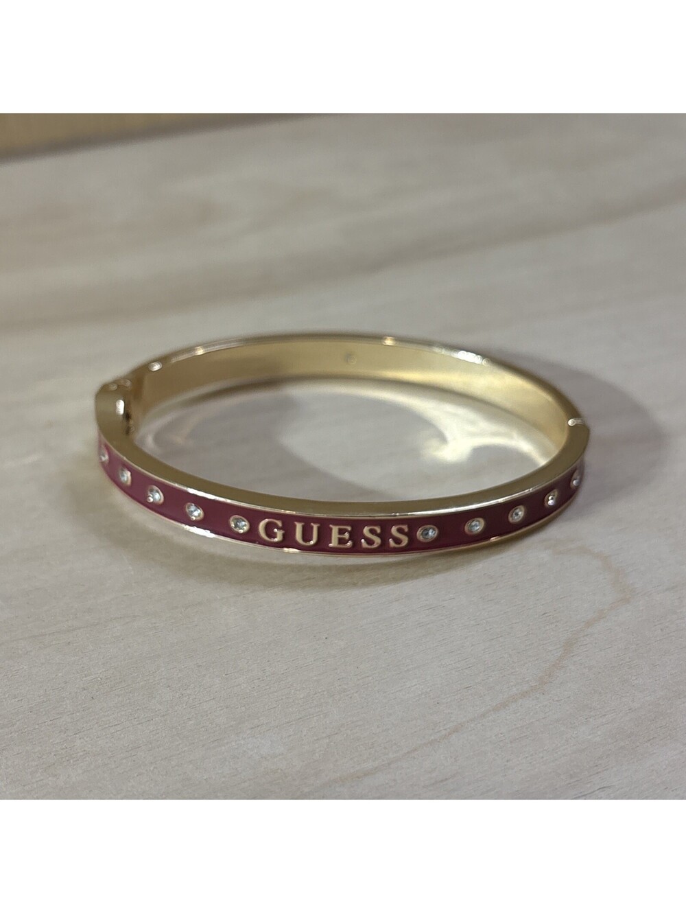 Y2K GUESS Los Angeles Pink On Gold Tone Rhinestone Logo Bracelet